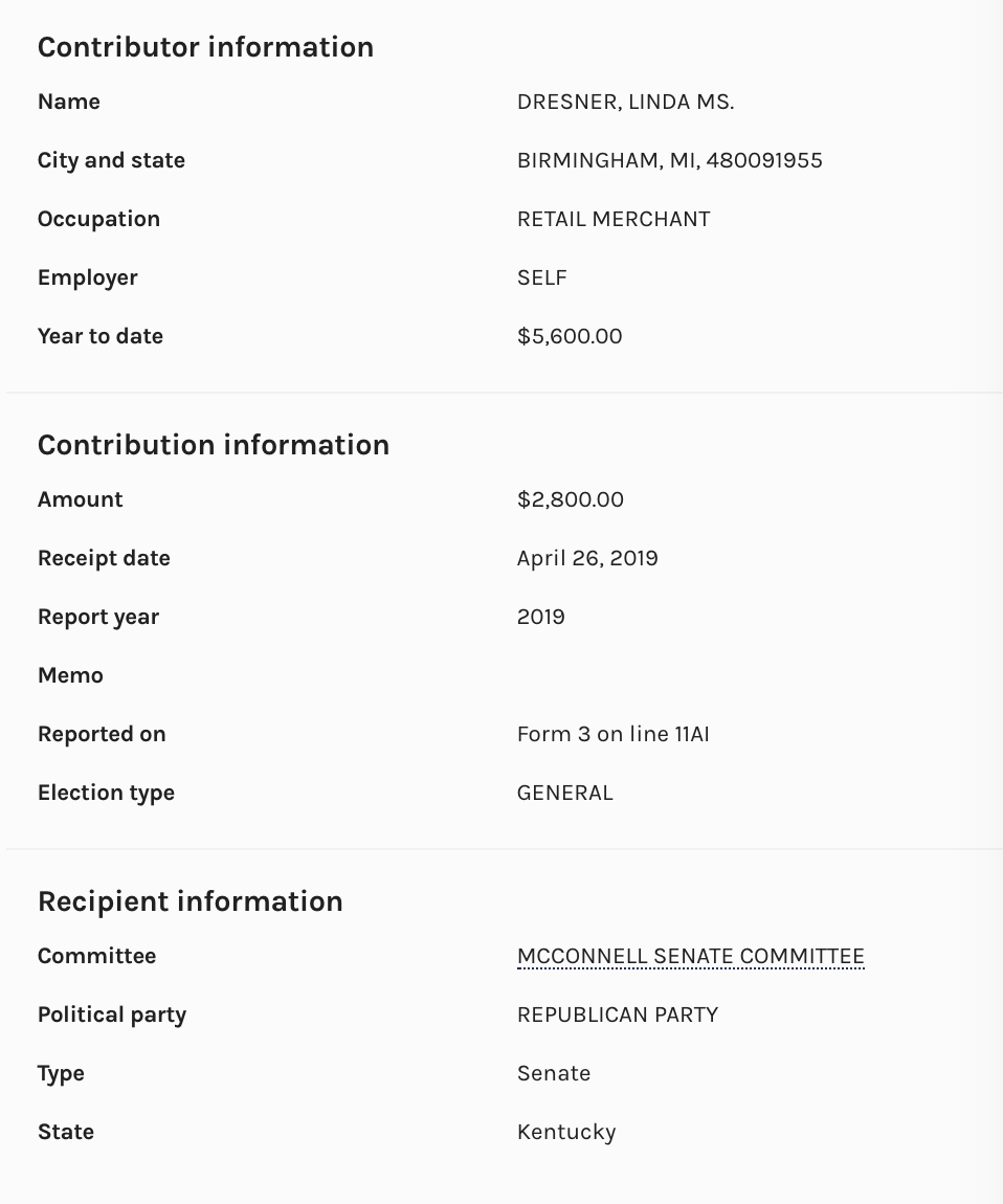 Linda Dresner is a Never Trump Republican, who supports right-wing Democrats. She donated $5,600 to Mitch McConnell in 2019. She donated $10,000 to Michigan Republican Party, $5,600 to Joni Ernst, and $5,600 to John Cornyn.