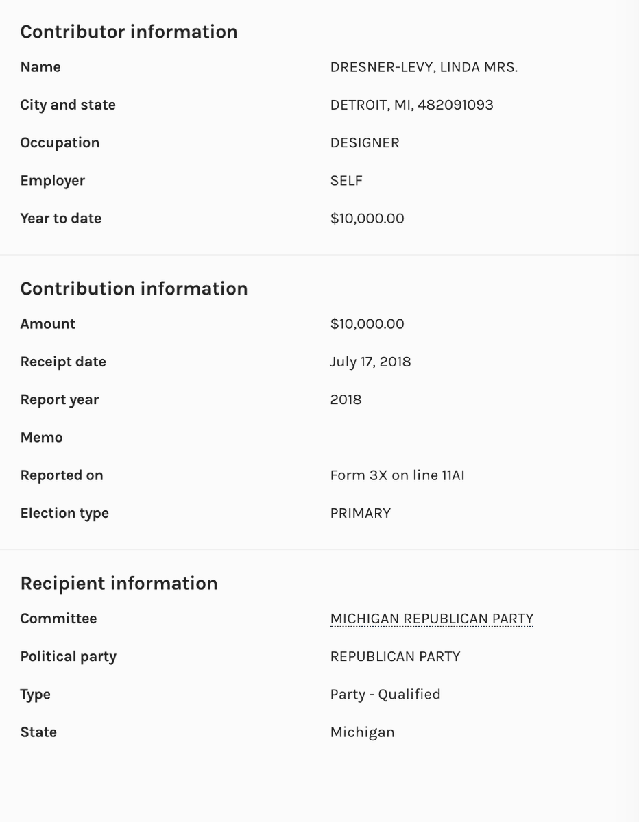 Linda Dresner is a Never Trump Republican, who supports right-wing Democrats. She donated $5,600 to Mitch McConnell in 2019. She donated $10,000 to Michigan Republican Party, $5,600 to Joni Ernst, and $5,600 to John Cornyn.