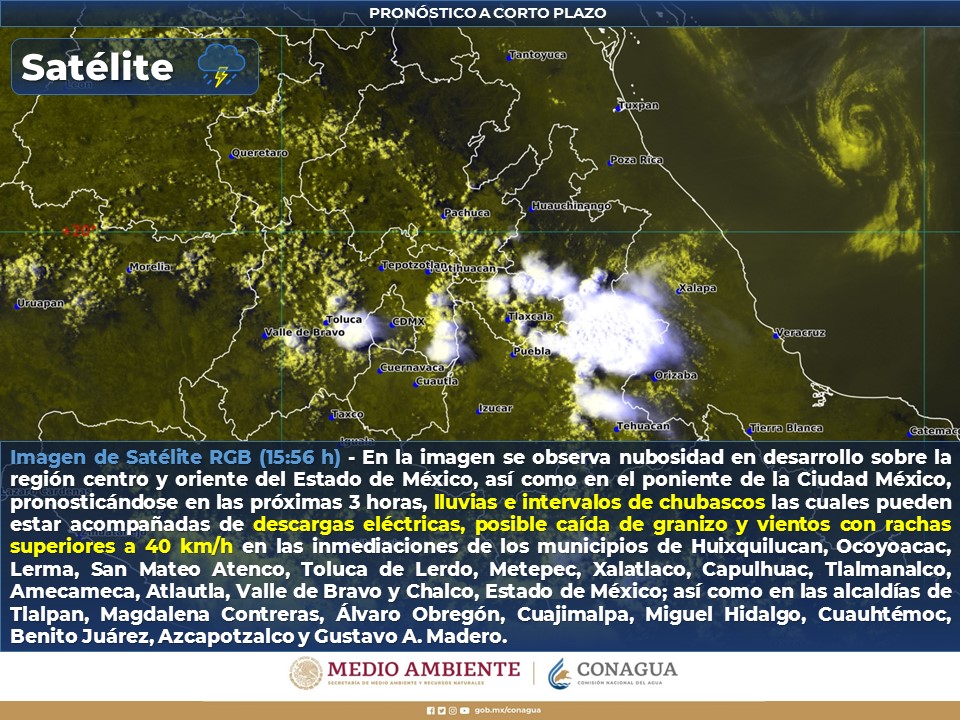 ⛈️☔️En el siguiente gráfico consulta el #Pronóstico de #Lluvias para las próximas tres horas para la #CDMX y el #EdoMéx, las cuales podrían ser con #DescargasEléctricas y #Granizo ¡Toma precauciones! ⬇️
