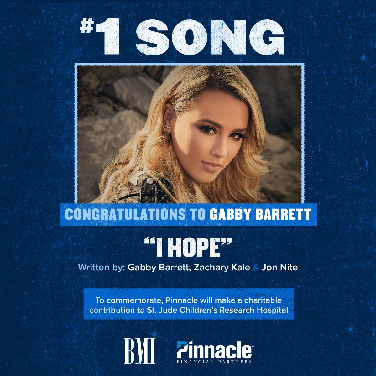 bmi's tweet photo. Congratulations to BMI songwriters @GabbyBarrett_ and @ZacharyKale & ASCAP writer #JonNite on Gabby's first No. 1 single "I Hope." Our partners at @PNFP are making a charitable donation to @StJude in your honor! #BMICountry #IHope https://t.co/kQY9JFwepq