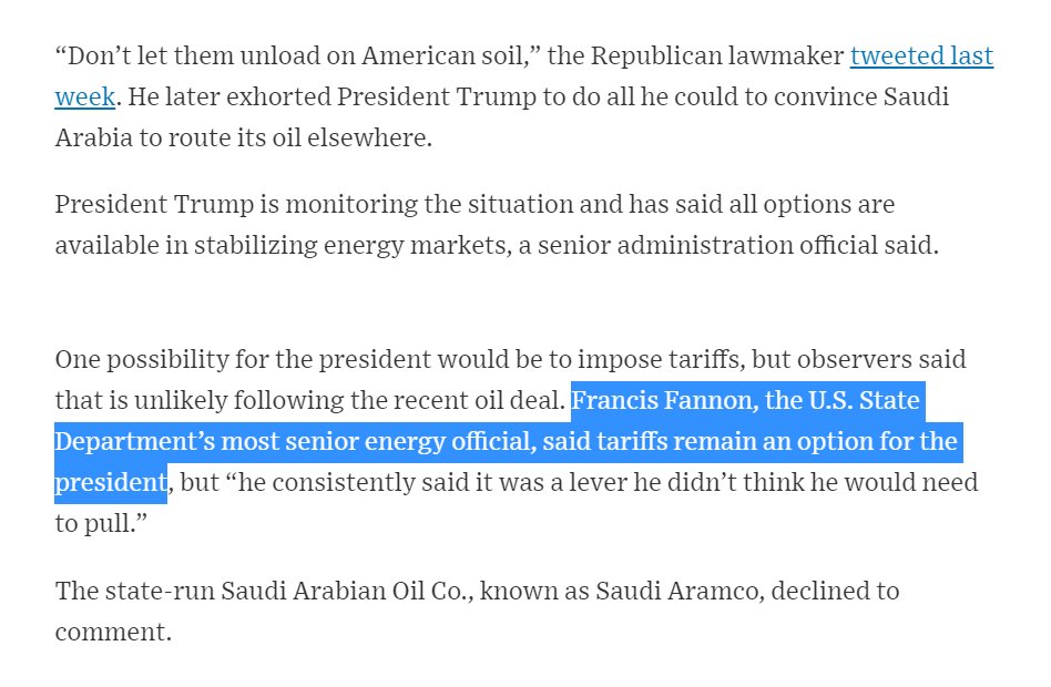 We had heard from both inside and outside the administration that after the OPEC+ deal oil tariffs would be off the table. But the only on-the-record comments last week were in fact that they are very much still an option for the president https://www.wsj.com/articles/flood-of-saudi-oil-looms-as-u-s-drillers-face-supply-glut-11587119400