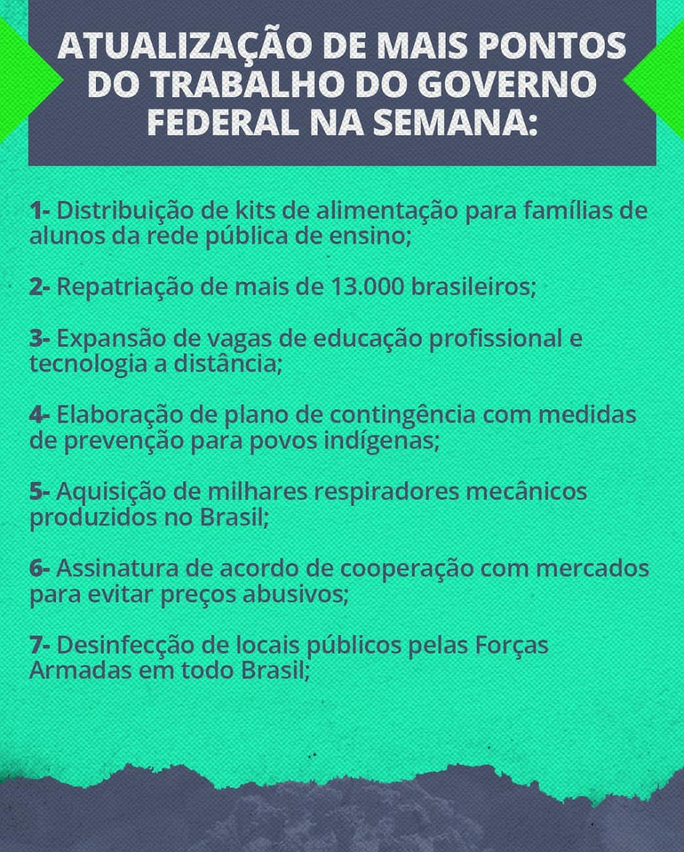 jairbolsonaro's tweet photo. Atualização de mais pontos do trabalho do Governo Federal na semana. Estes e outros expostos diariamente em nossas redes sociais! https://t.co/9EzvU1yJLu
