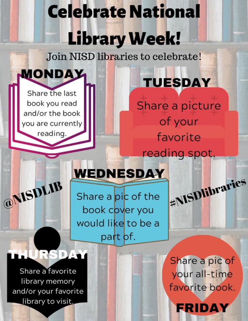 Mary Mosley (@msmarylibrary) on Twitter photo It’s #NationalLibraryWeek! Let’s celebrate all the beauty and wonder and magic of libraries by sharing a bit about ourselves and the books and libraries we love! <a href="/NISDLib/">NISDLibraryServices</a> #NISDLibraries It’s #NationalLibraryWeek! Let’s celebrate all the beauty and wonder and magic of libraries by sharing a bit about ourselves and the books and libraries we love! <a href="/NISDLib/">NISDLibraryServices</a> #NISDLibraries