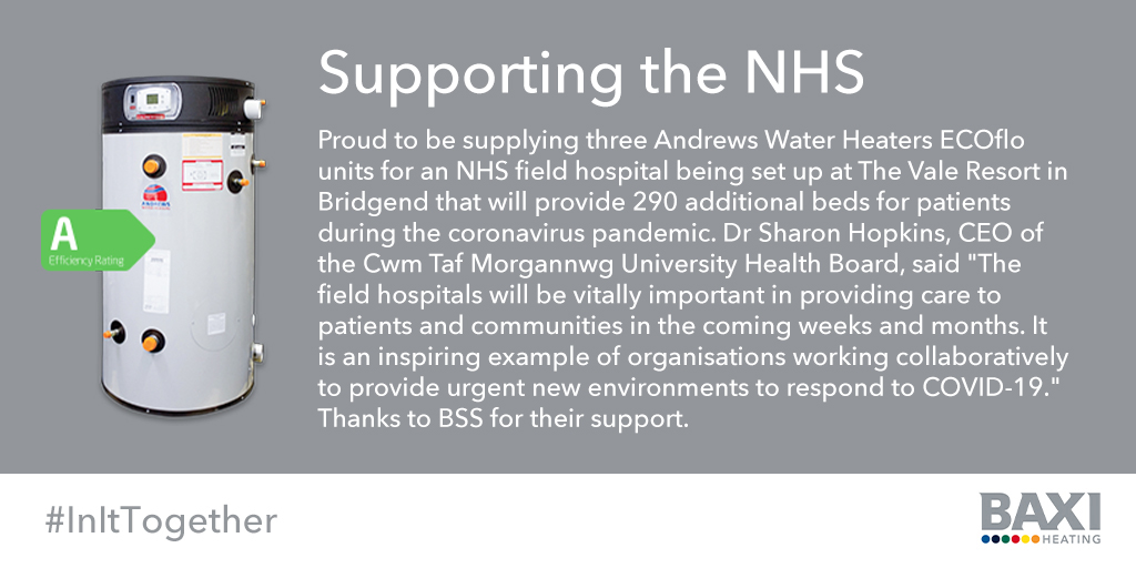 AndrewsWH's tweet photo. We are proud to be supplying ECOflo 380/1400 units to a new NHS field hospital in Bridgend South Wales. Thanks to @bssindustrial for their support. #HotWater #BaxiHeating #BSS #NHS #FieldHospitals #InItTogether https://t.co/89e2hla2OG