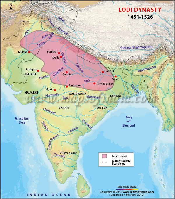 Boundary of the Lodhi Dynasty via  https://www.mapsofindia.com/history/lodi-dynasty.html