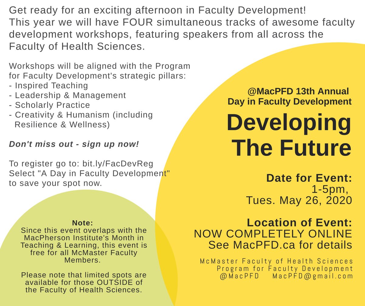 MacPFD's tweet photo. The13th Annual Day in Faculty Development-Developing the Future is now virtual! #DevFacDev20

Get ready for an exciting afternoon with four simultaneous tracks of virtual workshops featuring speakers from across @MacHealthSci 

Register now: https://t.co/72xjtzQO9b #FavDev #MedEd https://t.co/ZIkmSLdGuS