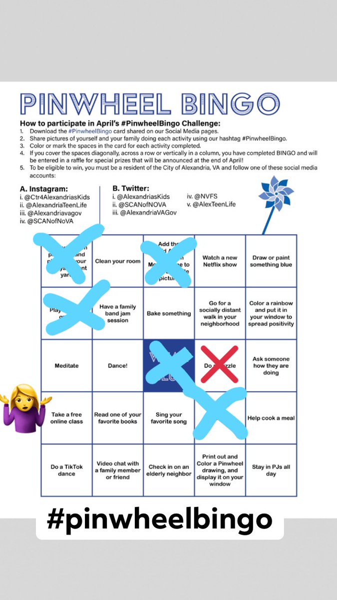 sarting23's tweet photo. I think Iβm going for a bingo. I still have a little more than a week to get my s$@! together. And so do you! #pinwheelbingo play along with us! @AlexandriasKids @nvfs @SCANofNOVA https://t.co/MUMoZzldsA