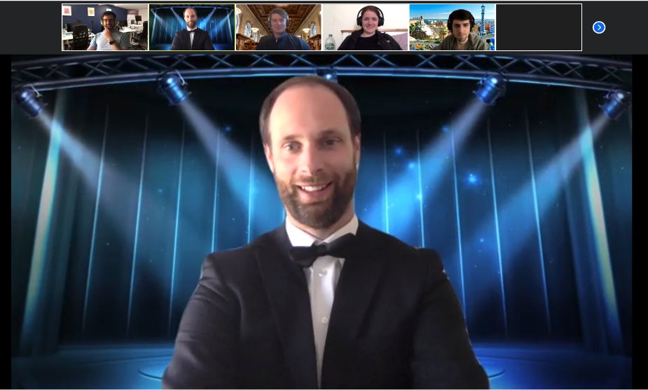 shane_a_lynn's tweet photo. Bart @High_Tower_Man took the quizmaster role of the "@TeamEdgetier Remote Quizorama" seriously enough today! #remote #teamwork #lookingsharp #startup https://t.co/TIpvjuJK7A