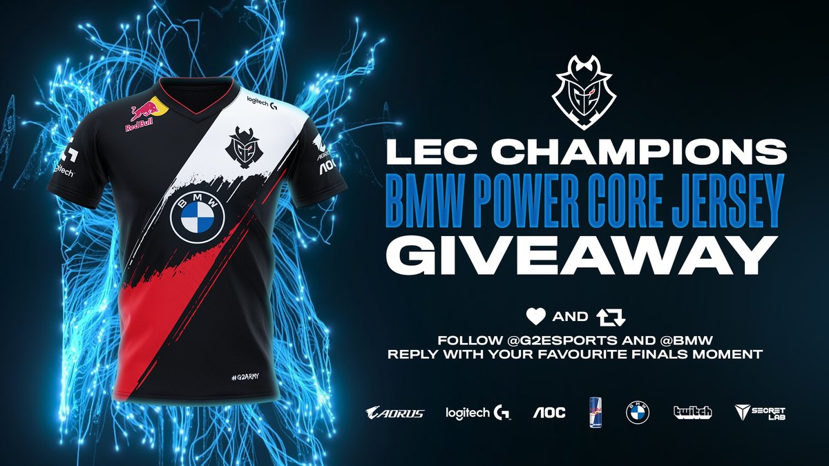 🚨 GIVEAWAY TIME 🚨

To celebrate our #LEC victory, we're giving away our <a href="/BMW/">BMW</a> Power Core Jersey! Want to win? Here's how to enter:

✅ Follow <a href="/G2esports/">G2 Esports</a> and <a href="/BMW/">BMW</a>
🔁 RT and ❤️ Like this tweet.
🗨️ Reply with your favorite G2 #LEC finals moment