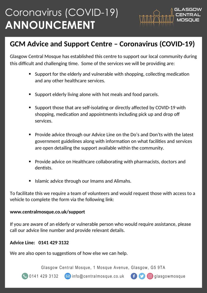 The  @GlasgowMosque has established a COVID-19 response group supporting the elderly and vulnerable in their local area. Providing food, medication, health and social support.  @AnasSarwar #FaithAsTheFourthEmergencyService