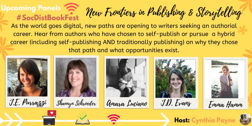 SocDistBookFest's tweet photo. Panel Announcement!

New Frontiers in Publishing &amp; Storytelling
When: April 25, 2020
Time: 4:00pm PST/7:00pm EST

Host: @CynthiaCPayne 

Featuring: @JEPurrazzi @SSchroeder_  @EmmaHammAuthor @jdevansbooks @amaraluciano_

#socdistbookfest #markyourcalendars https://t.co/Cynqqn1J7f