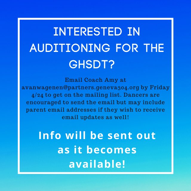 If you are interested in trying out for the GHSDT contact Coach Amy by friday 4/24!! <a href="/GHS_ILathletics/">Geneva HS Athletics</a>  <a href="/Geneva304/">Geneva CUSD 304</a>