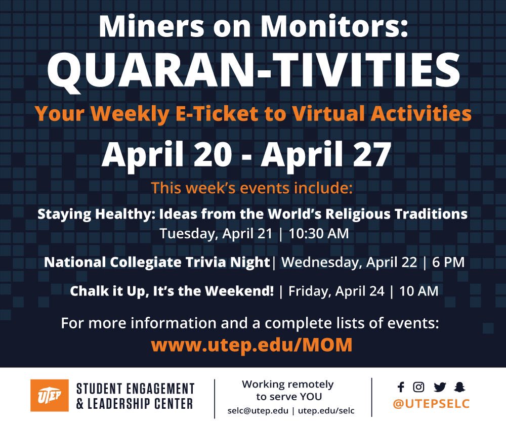 utepgetinvolved's tweet photo. Hey Miners! Itβs Week 4 of Quaran-tivities. Check out a couple of our highlighted events happening this week! For a full list, visit https://t.co/OfA37Mtnpy! #MinersOnMonitors #UTEPevents https://t.co/zISEsBXPqD