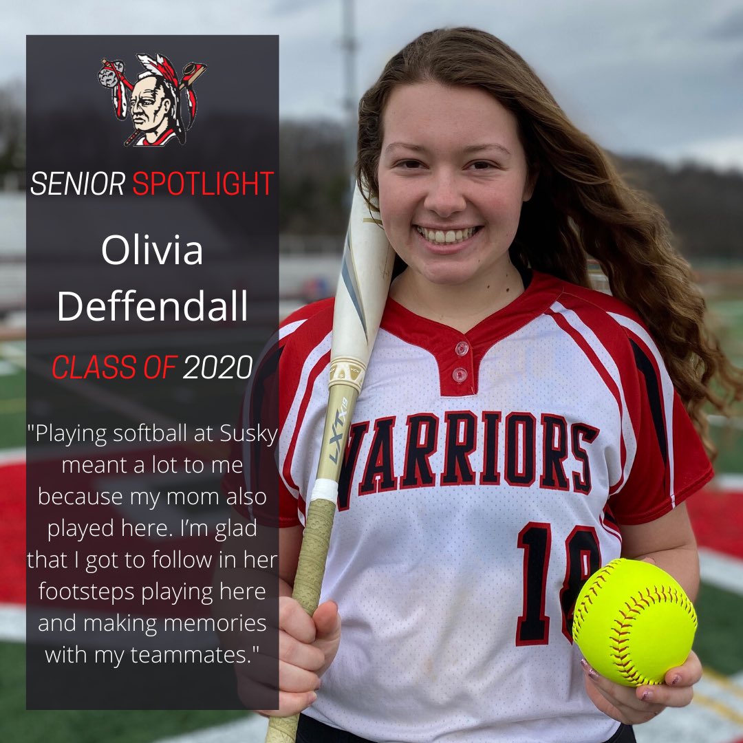 SoftballSusky's tweet photo. Our third #SeniorSpotlight is on 3rd baseman, number 18 Olivia Deffendall. Liv provided a strong defensive wall on  the hot corner who was ready to have an explosive season offensively ⚾️#Classof2020 #WarriorProud @SYCSD @SuskyWarriors https://t.co/oNstmk7Ww2