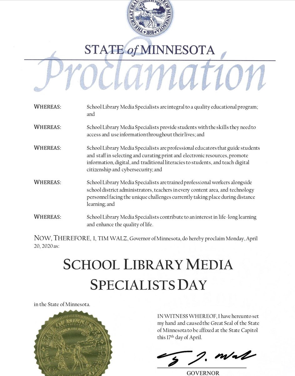 RogersHighMedia's tweet image. @ISD_728 Shout out to all the Teacher Librarian Media Specialists who are putting in long hours and late nights making sure distance learning is a success.  The Governor declared today your day!
 #MNLibrariesLead  #mnlibleg20 #mnlibrariestransform