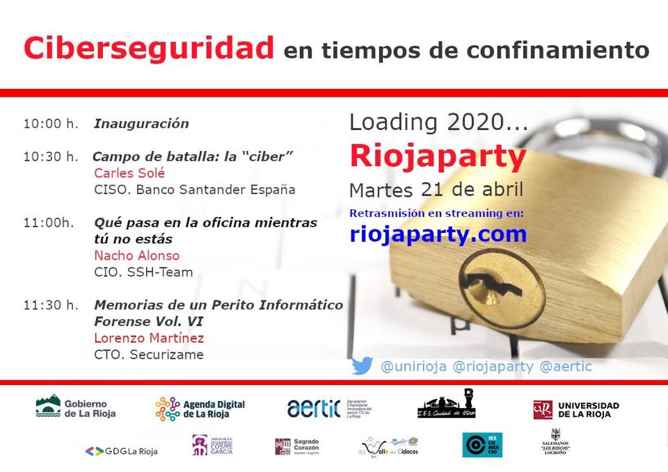 NachoAlonsoN's tweet photo. Mañana tengo la suerte de participar en las charlas de #ciberseguridad en #loading2020 de la @riojaparty 
En la que hablaremos de #QuePasaEnLaOficinaMientrasTuNoEstas 
Estáis todos invitados a esta nueva modalidad #Online
@SSH_Team @carlosprieto71 @pabpereza @hectorpm92 @AERTIC https://t.co/dHiunOJDFY