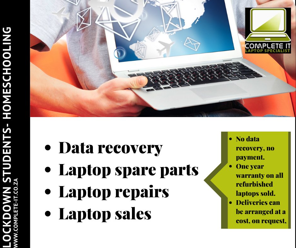 CompleteITCT's tweet image. *Data recovery
*Laptop spare parts
*Laptop repairs
*Laptop sales

No data recovery, no payment.
One year warranty on all refurbished laptops sold.
Deliveries can be arranged at a cost, on request
complete-it.co.za
#Completelyrefurbishedlaptops #completeit #completecomputers