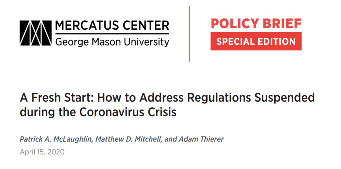 13/ We need to clear away barriers to building and get back to common sense government. Here's one blueprint from  @PhilipKHoward ( https://www.city-journal.org/covid-19-federal-recovery-authority-needed) & another from  @EconPatrick,  @MattMitchell80 & me ( https://www.mercatus.org/publications/covid-19-policy-brief-series/fresh-start-how-address-regulations-suspended-during-coronavirus-crisis). It's time to get our house in order.