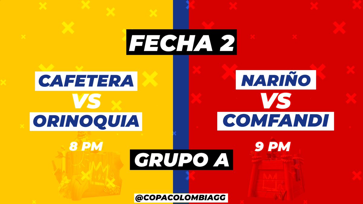 Así se jugará la segunda fecha del #GrupoA, ¿Quién será el líder rotundo de este grupo?
Acompáñanos en el live de Facebook desde las 8:00 PM.
facebook.com/CopaColombiaGG/

@CRCafeteros <a href="/OrinoquiaGG/">Selección Orinoquia</a> @ClashNarino <a href="/fedecoldeNal/">Federación Colombiana de Deportes Electrónicos</a>