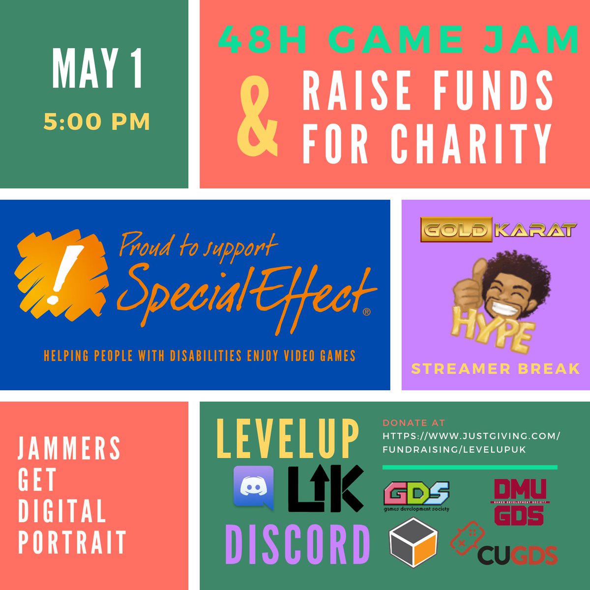 _LevelUp_UK_'s tweet photo. A while ago we announced a series of game jams to support @SpecialEffect 

Due to the lockdown, we had to change our plans.

We will now be holding a single big online jam for our community!

if you'd like to get involve, join our discord:
https://t.co/PoKf8wydQk https://t.co/5wFHReeqJn