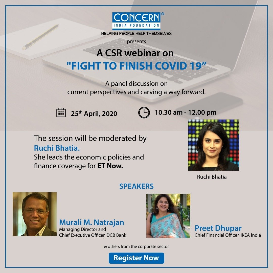 lal_gunjan's tweet image. Register for a CSR webinar on 
&quot; FIGHT TO FINISH COVID 19&quot;
A panel discussion on - Current perspectives and carving a way forward.
Confirm your participation by registering on this link: 
https://forms.g/Moo7MtUZgBd49CwQ7
#concernindiafoundation #ngo #CSR #covid19 #coronavirus