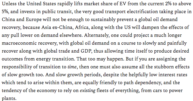 The problem child in this equation however is my own country, the US. Our topography, our infrastructure, and our EV adoption is just sluggish enough to keep oil demand from rising, but also from falling. Again, the plateau problem. From this week's letter: 7/