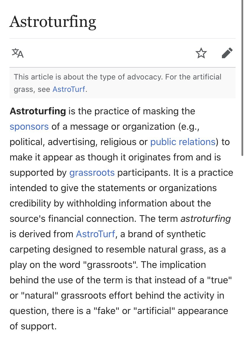 First of all, the definition of astroturfing from Wikipedia. Basically it means that the re-open movements are not organic and merely mimics a true grassroots movement