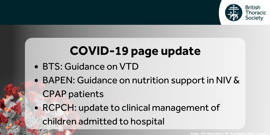 COVID-19 page update. BTS Guidance on Venous Thromboembolic Disease in patients with COVID-19, <a href="/BAPENUK/">BAPEN UK</a> guidance on nutrition support in NIV &amp; CPAP patients, <a href="/RCPCHtweets/">RCPCH</a> update on clinical management of children admitted with suspected COVID-19 bit.ly/38McQJM
