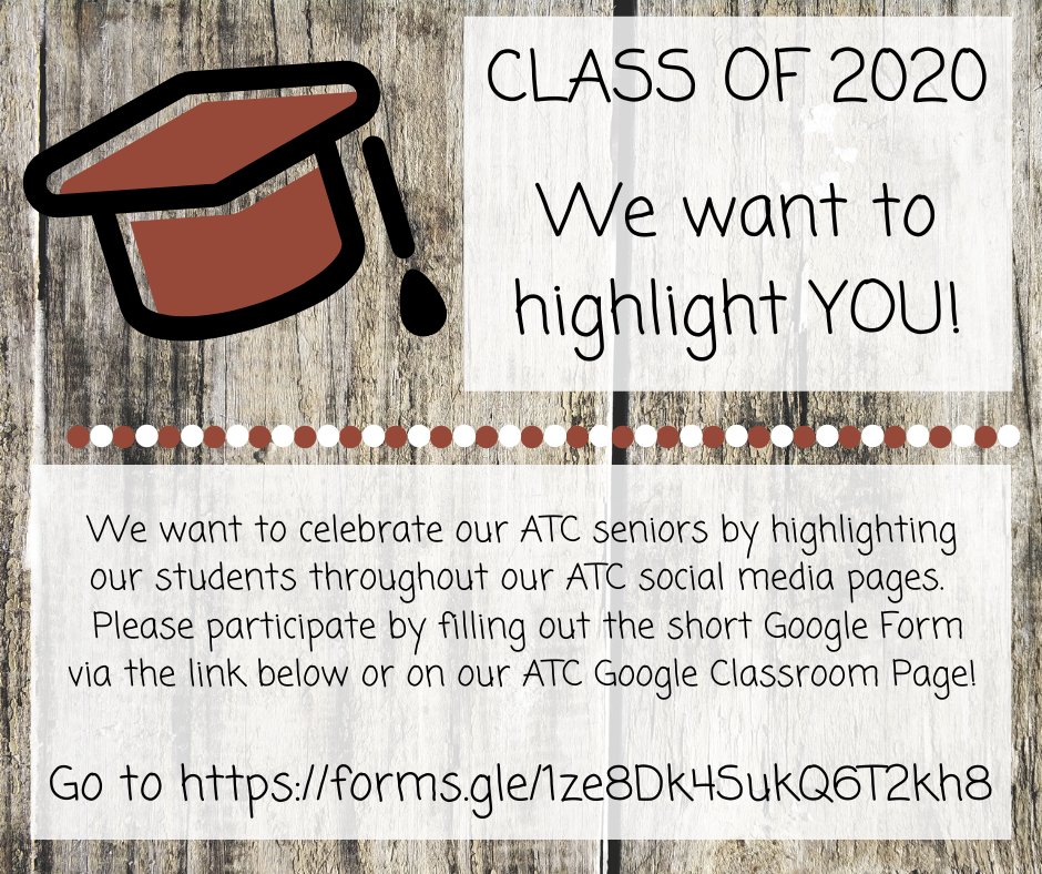 webcowillett's tweet photo. ATC Seniors: Fill out the Google Form so that we can celebrate YOU on our social media pages! Don't forget to share the link with your friends to have them participate too. Our first highlights will go up this week! #1WC #WebCoATCSeniors https://t.co/JQBtB51Gtx