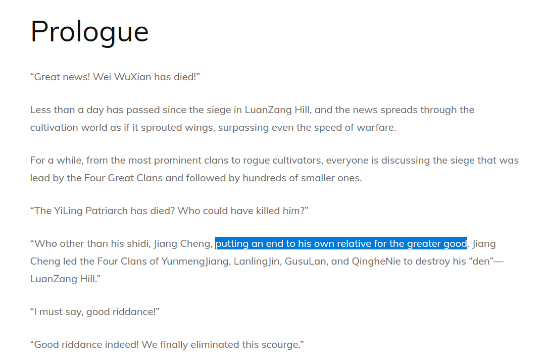 EXR had translated his act of besieging the Burial Mounds as “putting an end to his own relative for the greater good”, however, this doesn’t quite encompass the scope of the original phrase used in Chinese.