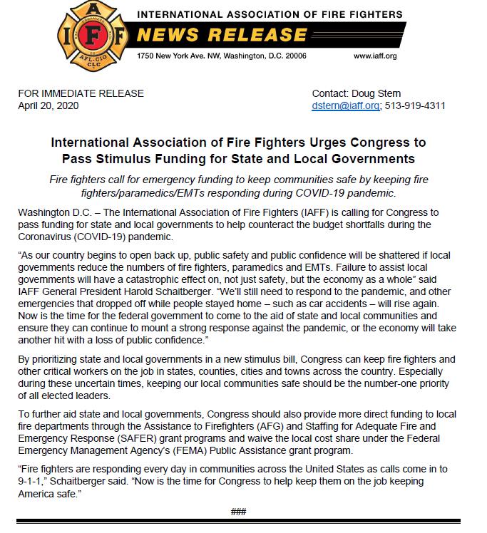 DougWStern's tweet image. BREAKING: @IAFFNewsDesk urging Congress to pass stimulus funding for state and local gov't. This funding will help keep fire fighters on the job as they continue to protect their community from COVID-19 Pandemic.