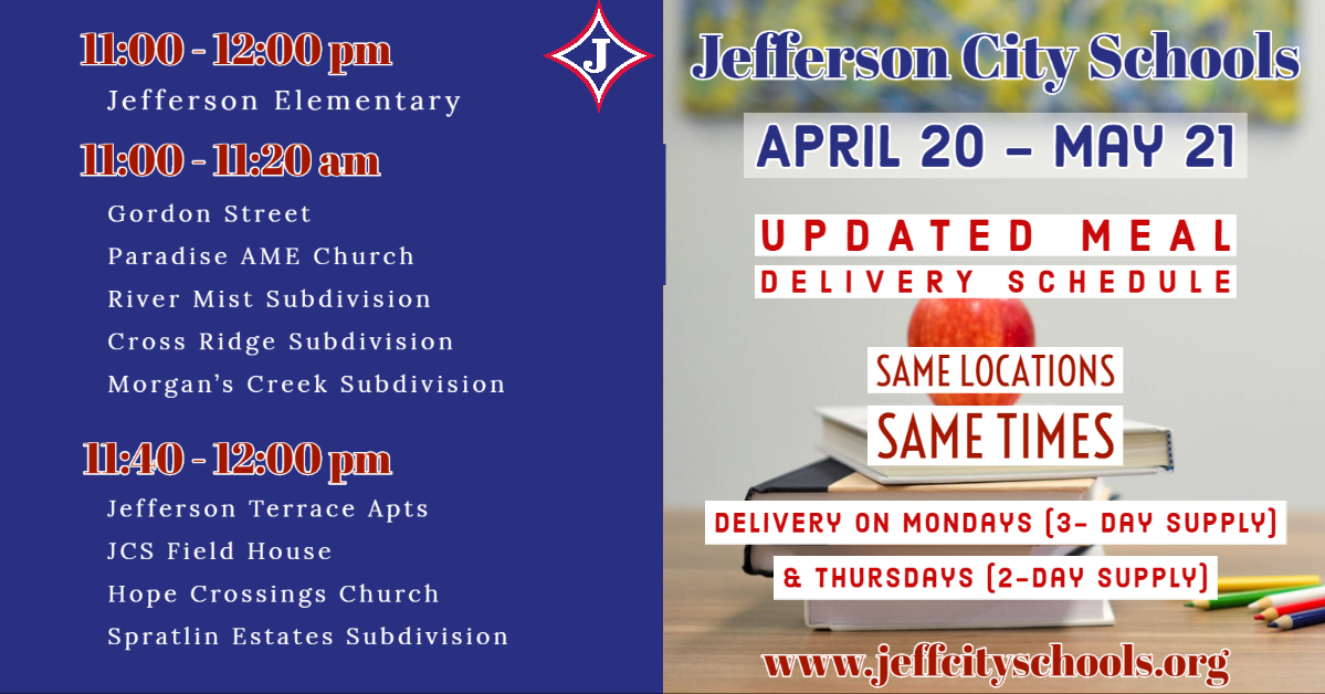 JeffCitySchools's tweet photo. A Big #DragonShoutOut to JCS Transportation! π£ Please remember our Grab & Go Meal Program will operate under the most recent modified schedule through May 21. Be sure to thank our transportation and nutrition teams next time you see them! ππ https://t.co/7RRIujmgrM