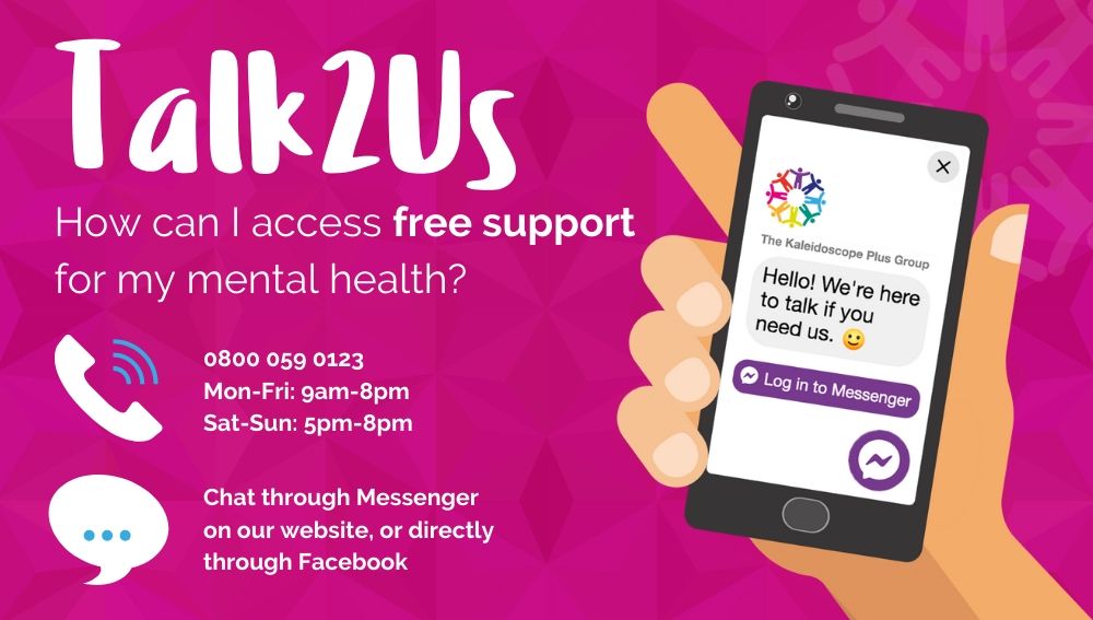 We want to make it as easy as possible for ANYONE to receive mental health and wellbeing support. 💜

That's why we've launched our new #Talk2Us service and it's free to use for anyone in the UK.  💬

Choose how you'd like #Talk2Us, and our team will be there to support you. 😊