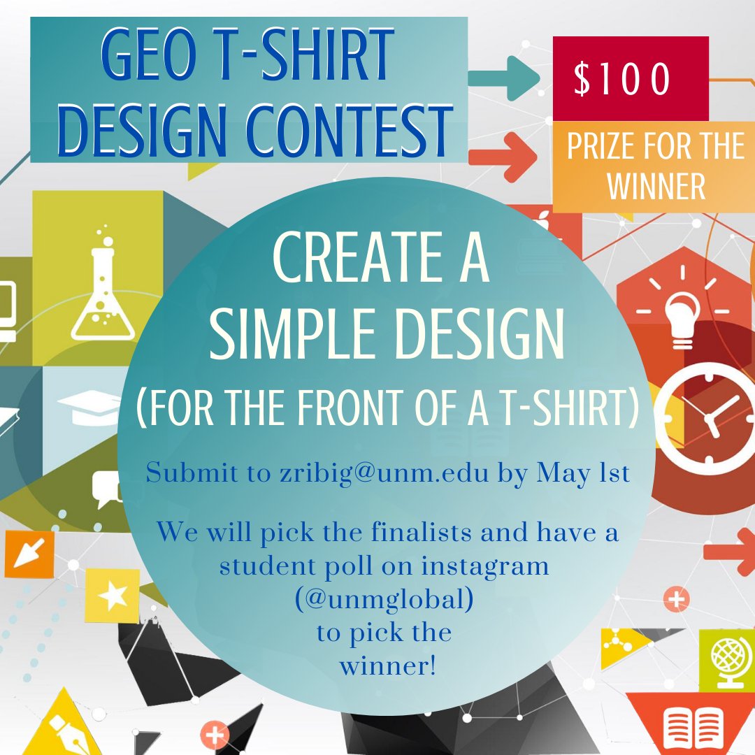UNM_Global's tweet photo. The Global Education Office is inviting all international Lobos to compete for $100 scholarship in a t-shirt design competition!
If you want to participate, you need to send a High Quality to be printed on the front of our GEO shirt to Ghada Zribi at zribig@unm.edu by May 1st. https://t.co/j5RqLVPMwL