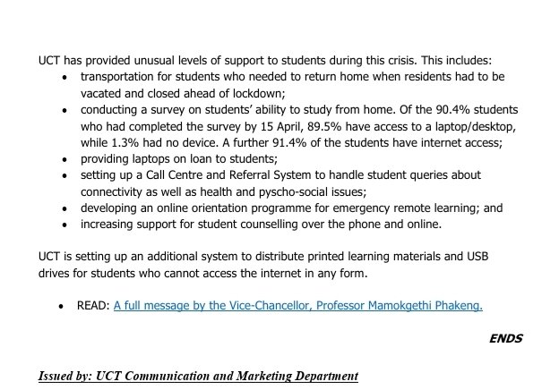 UCT_news's tweet photo. UCT is providing 30-40GB data to students. UCT is also pleased to confirm that MTN and Vodacom have also agreed to zero rate access to certain UCT sites in addition to Cell C and Telkom. Read the full media release. https://t.co/Z59rtJW70e