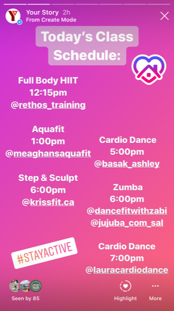 Check out our daily live fitness classes through Instagram Live. Follow <a href="/GreaterVanYMCA/">YMCA BC (Greater Vancouver Region)</a> for our daily schedule.

Here's a sample of today's schedule: