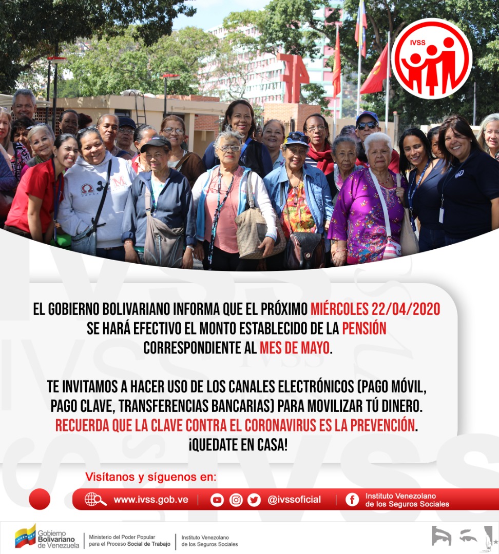 Corre la voz! Gracias a las políticas de #SeguridadSocial dirigidas por el Pdte. <a href="/NicolasMaduro/">Nicolás Maduro</a>, este miércoles #22Abr se hará efectivo el pago de la #Pensión correspondiente al mes de #Mayo. Somos #IVSS #PorUnSeguroMásSocial <a href="/VSocialT/">Vicepresidencia Social y Territorial</a> @psuvaristobulo
