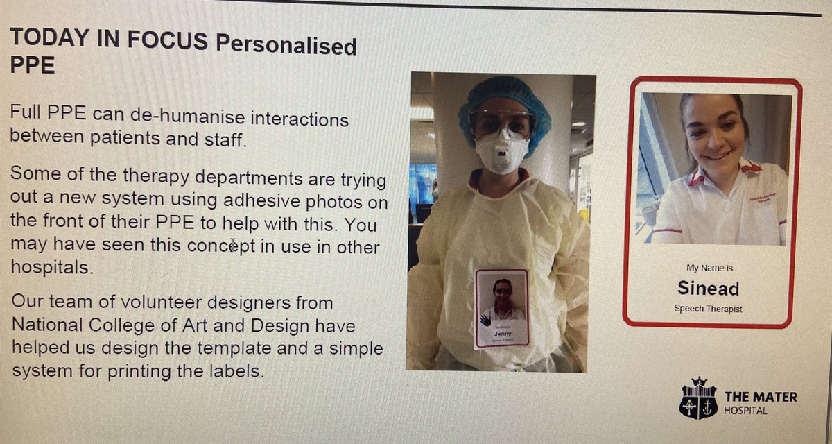 kirwan_jenny's tweet image. There we are, in the daily bulletin 😂 These stickers have been a hit with our patients as it allows them to see the person looking after them, behind the PPE💙 Thank you @NCAD_Dublin !  @MaterTrauma @Mater_ICU @MaterPhysio @WeHSCPs @MMUHED1 @iaslt