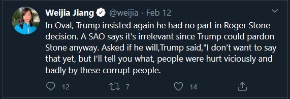 On Feb 11th you sent 2 Tweets, both had ZERO information on the  #CCPVirus threat. Instead you were picking Twitter fights again with Brad  @parscale and  @TeamTrump, where you gained 16 Twitter likes and a whopping 6 Retweets from your fabulous followers. Congratulations, Weijia.