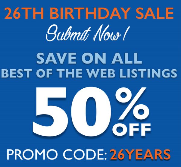 BOTW's tweet image. Happy Birthday to us! Best of the Web is 26 years old today and we want to offer YOU a huge discount! Save 50% on directory listings, BOTW Local, or a listing in the BOTW Blog directory! Use the code 26YEARS at checkout and save #BOTW #bestoftheweb botw.org/helpcenter/sub…