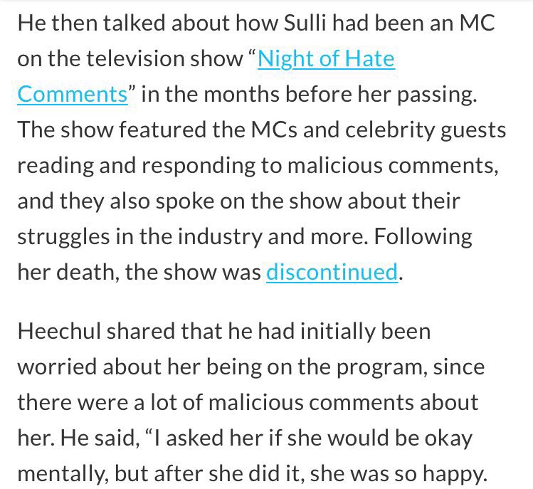 heechul expressed his anger towards malicious comments & left good words about sulli.
