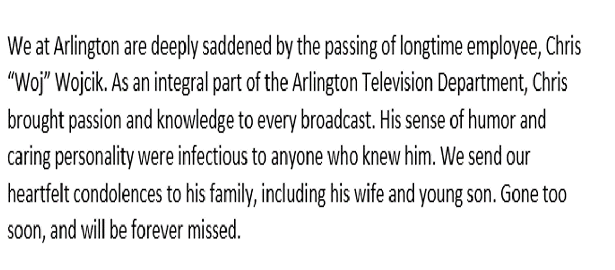 Arlington_Park's tweet photo. Statement from Arlington Park on the passing of longtime Arlington employee, Chris "Woj" Wojcik. https://t.co/IVXw3jNmKE