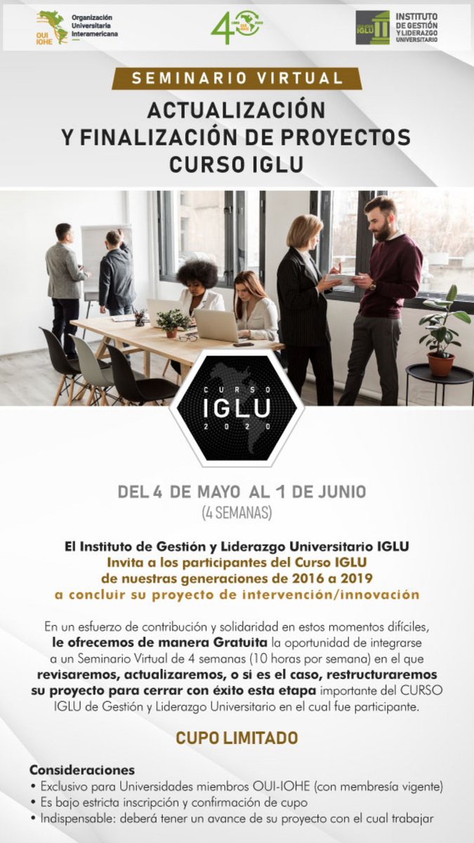 OUIIglu's tweet photo. Invitamos a participantes del #CursoIGLU (generaciones 2016-2019) a inscribirse en el siguiente seminario para concluir, en línea y de forma gratuita, su Proyecto de Intervención / Innovación.
Registro: https://t.co/IO3Rngk75Z https://t.co/tWIYMPjk9d
