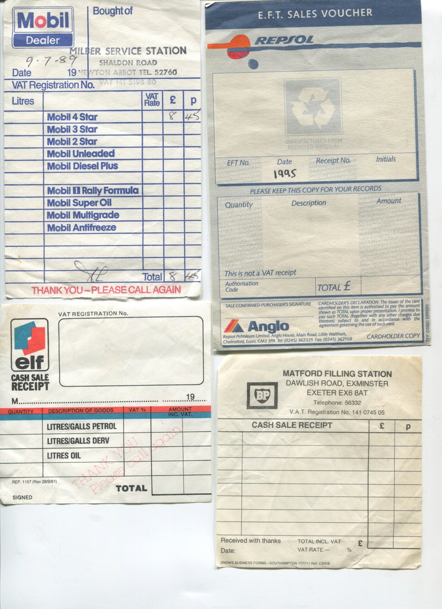 Day 120 of  #petrolstationsAs oil prices collapse, here's a mini-thread of '90s petrol receipts—a lot of graphic design went into these, before ubiquitous thermal printers Some iconic logos—Mobil (Tom Geismar), Repsol (Wolff Olins), Elf (Jean-Marc Chaillet), BP (Raymond Loewy)