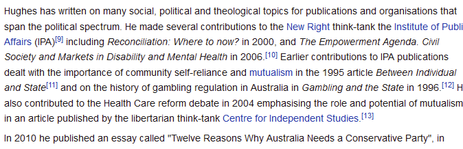 And ol Vern, who I think is a toxic dickhead and will block on sight. I know Vern believes in free speech and therefore won't mind me saying this.Hates the NDIS. Self professed Latham supporter & well, you 'do your research'.  https://en.wikipedia.org/wiki/Vern_Hughes  https://en.wikipedia.org/wiki/People_Power_(Australia)