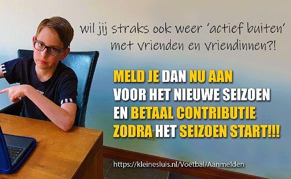 Wil jij volgend seizoen graag starten met voetballen bij vv Kleine Sluis?
 
Om u aan te melden klikt u op onderstaande link:
kleinesluis.nl/Voetbal/Aanmel…