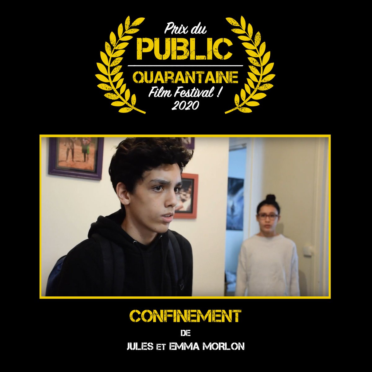 40NFilmFest's tweet photo. Bravo à Jules et Emma pour leur film "Confinement" qui a réuni le plus de likes sur YouTube, et qui remportent donc le Prix du Public du Quarantaine Film Festival 👏👏👏#40nfilmfest #courtmetrage #confinementcreatif #tousalamaison #restezchezvous #onresteouvert https://t.co/XZLOKKXEkL
