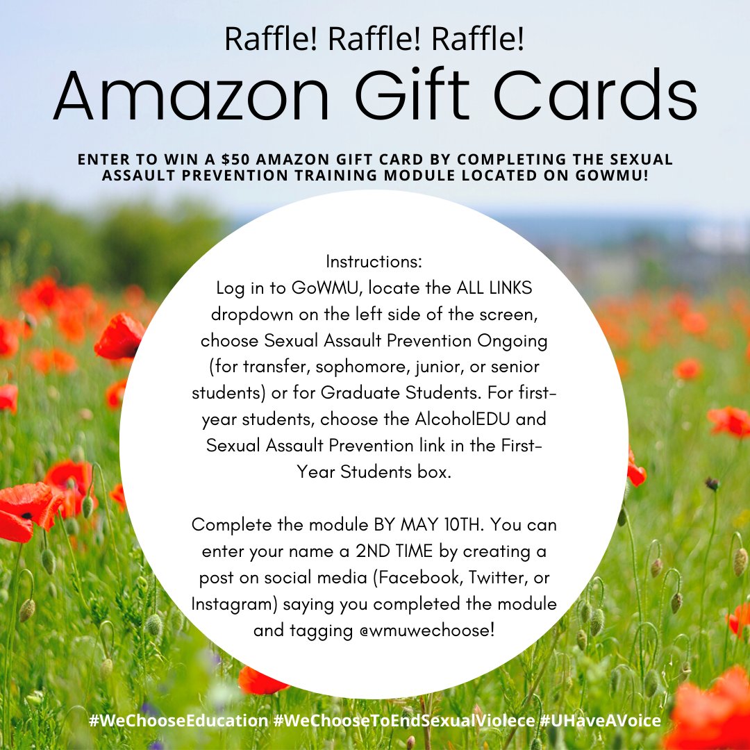 WMUwechoose's tweet image. GIFT CARD GIVE AWAY! Check out the graphic below to see how you can get yours! 

#WeChooseToEndSexualViolence #WeChooseEducation #UHaveAVoice #WMUHEROES