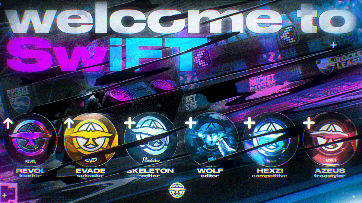 Today is a special day since we've got a total of 4 new recruits and 2 promotions you didn't expect 🤯

Please welcome: 

👑 Revol // <a href="/revolrl/">Revol</a> 
👑 Evade // @xEvadify 
📽️ Skeleton // @SkeletonRL 
📽️ Wolf // @WOLF__VFX 
🏎️ Hexzi // <a href="/veterantea/">sammy (hexzi)</a> 
🏎️ Azeus // @AzeusRL 

#WeAreSwiFT