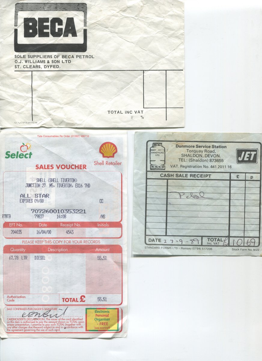 The handwritten (& blank) ones mostly came from childhood holidays, road trips, happy memories of sunny days. Lots of garages were happy to give a little kid a blank receipt. Printed ones are mostly from a bin bag full of them I found next to a railway track in S. London in 2003